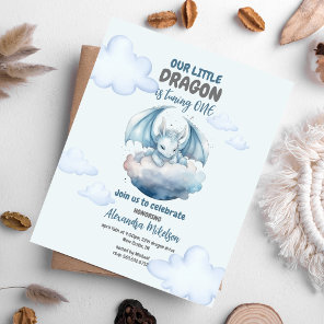 Blue Watercolor Dragon Baby 1st Birthday Invitation
