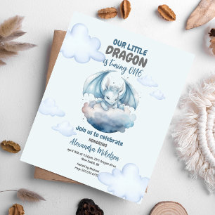 Blue Watercolor Dragon Baby 1st Birthday Invitation