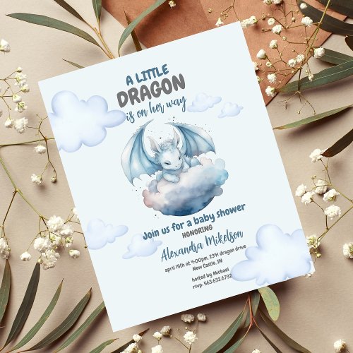 Blue Watercolor Dragon Baby Shower Invitation