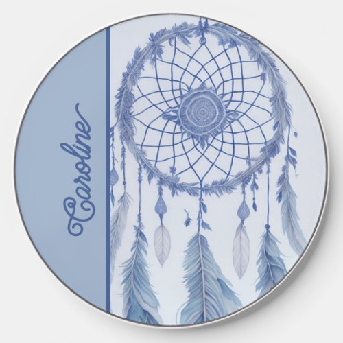 Blue watercolor dreamcatcher feathers wireless charger 