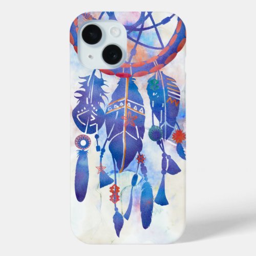 Blue Watercolor Dreamcatcher Modern Boho iPhone 15 Case
