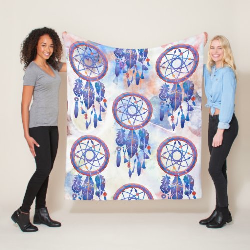 Blue Watercolor Dreamcatcher Modern Boho Fleece Blanket