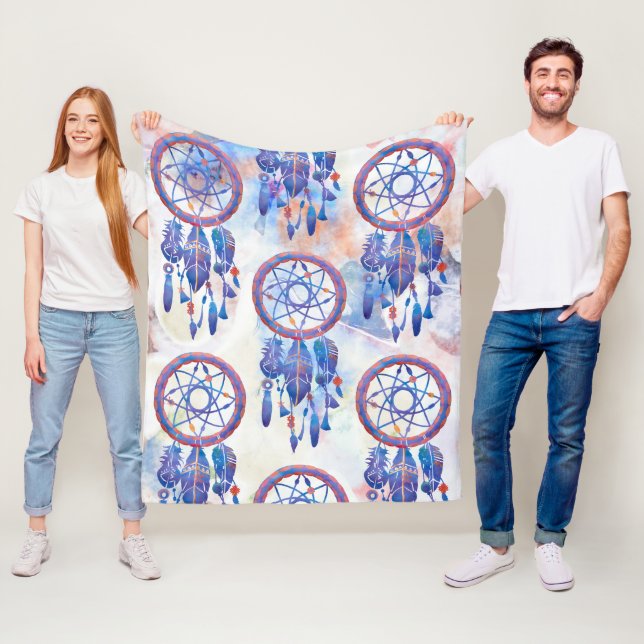 Blue Watercolor Dreamcatcher Modern Boho Fleece Blanket (In Situ)