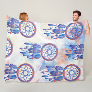 Blue Watercolor Dreamcatcher Modern Boho Fleece Blanket