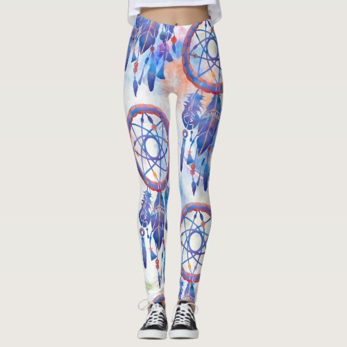 Blue Watercolor Dreamcatcher Modern Boho Leggings