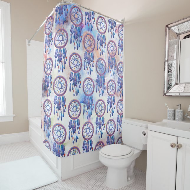 Blue Watercolor Dreamcatcher Modern Boho Shower Curtain (In Situ)