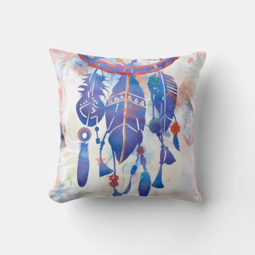 Blue Watercolor Dreamcatcher Modern Boho Throw Pillow