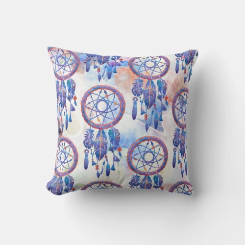 Blue Watercolor Dreamcatcher Modern Boho Throw Pillow