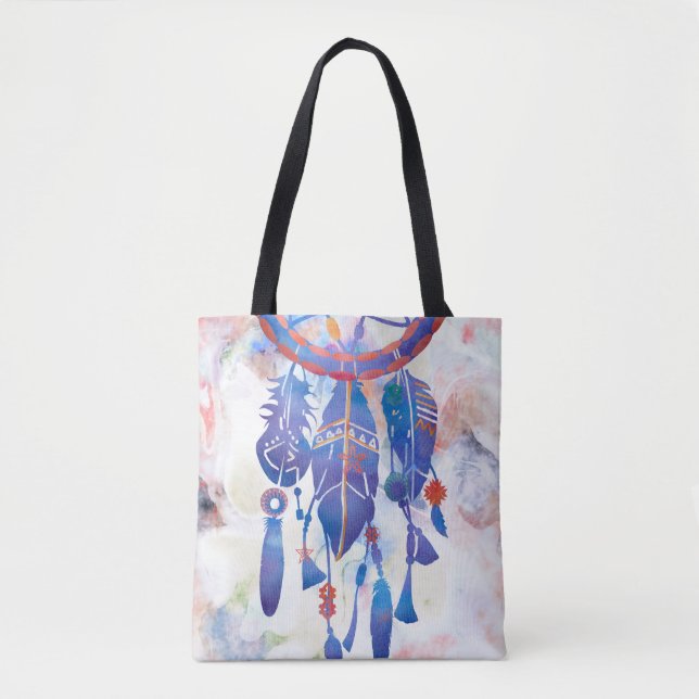 Blue Watercolor Dreamcatcher Modern Boho Tote Bag (Front)