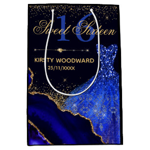 Blue Watercolor Dress & glitter agate Sweet 16 Medium Gift Bag