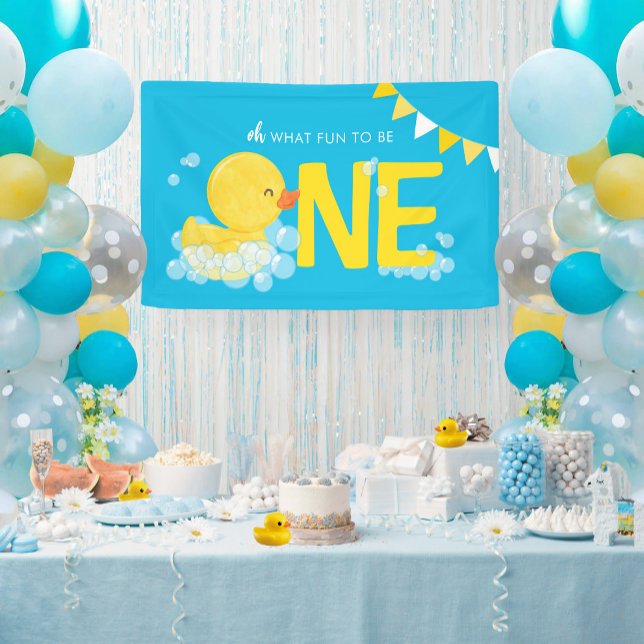 Blue Watercolor Duck Oh What Fun One Party Banner (Blue Watercolor Duck Oh What Fun To Be One Party Banner for a Rubber Ducky 1st Birthday Party)