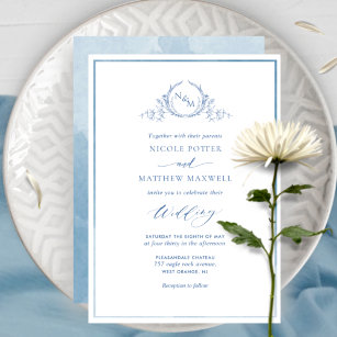 Blue Watercolor Elegant Monogram Wedding Invitatio Invitation