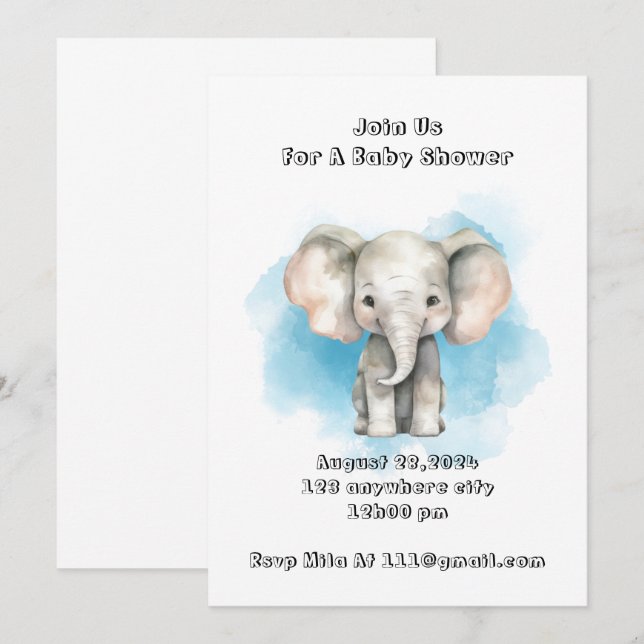 Blue Watercolor elephant baby shower invitation  (Front/Back)