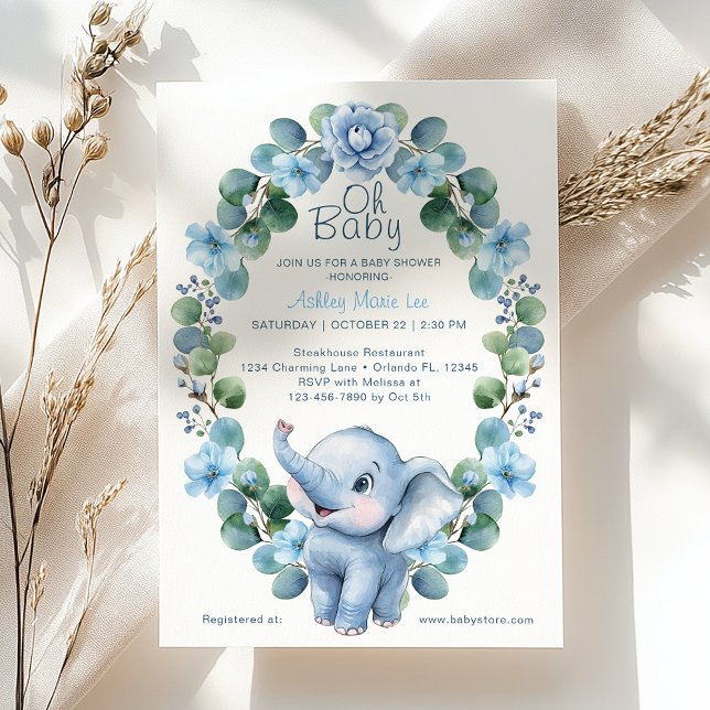 Blue Watercolor Elephant Baby Shower Invitation –  (Cute Elephant Baby Shower Invite)