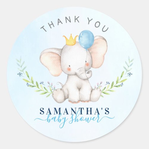 Blue Watercolor Elephant Baby Shower Thank You Classic Round Sticker