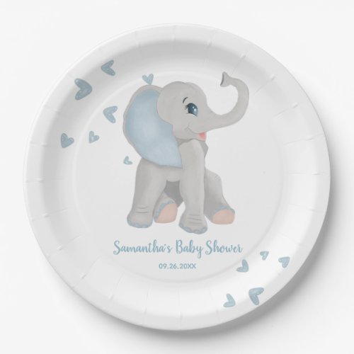 Blue Watercolor Elephant Boy Baby Shower Paper Plates