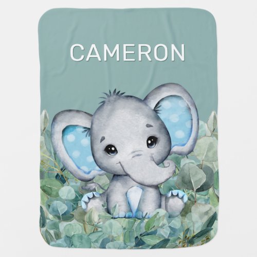 Blue Watercolor Elephant Personalized Name Baby Blanket