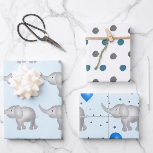Blue Watercolor Elephants  Dots Pattern Set of 3  Wrapping Paper Sheets
