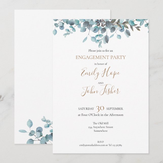 Blue Watercolor Eucalyptus Engagement Party Invitation (Front/Back)