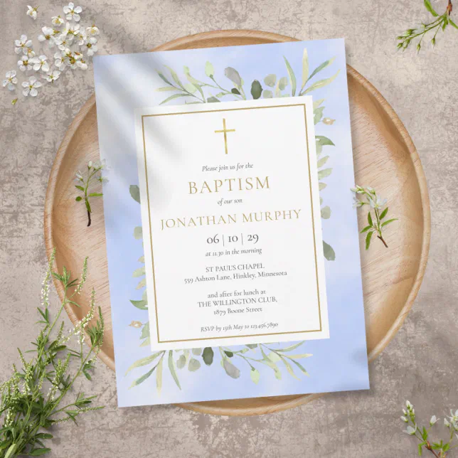 Blue Watercolor Eucalyptus Greenery Baptism Invitation | Zazzle