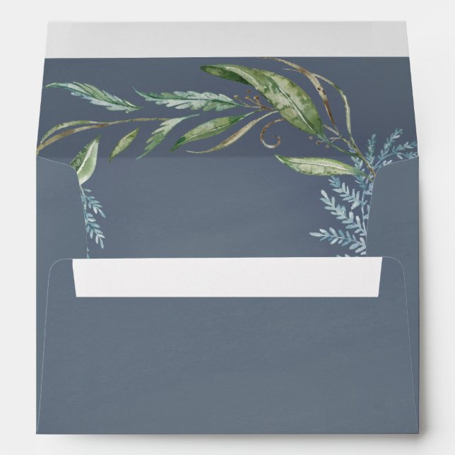 Blue Watercolor Eucalyptus Greenery Wreath Wedding Envelope (Back (Bottom))
