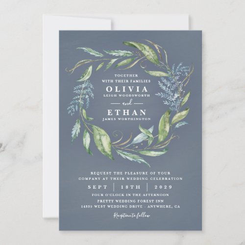 Blue Watercolor Eucalyptus Greenery Wreath Wedding Invitation