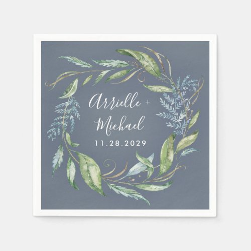 Blue Watercolor Eucalyptus Greenery Wreath Wedding Napkins