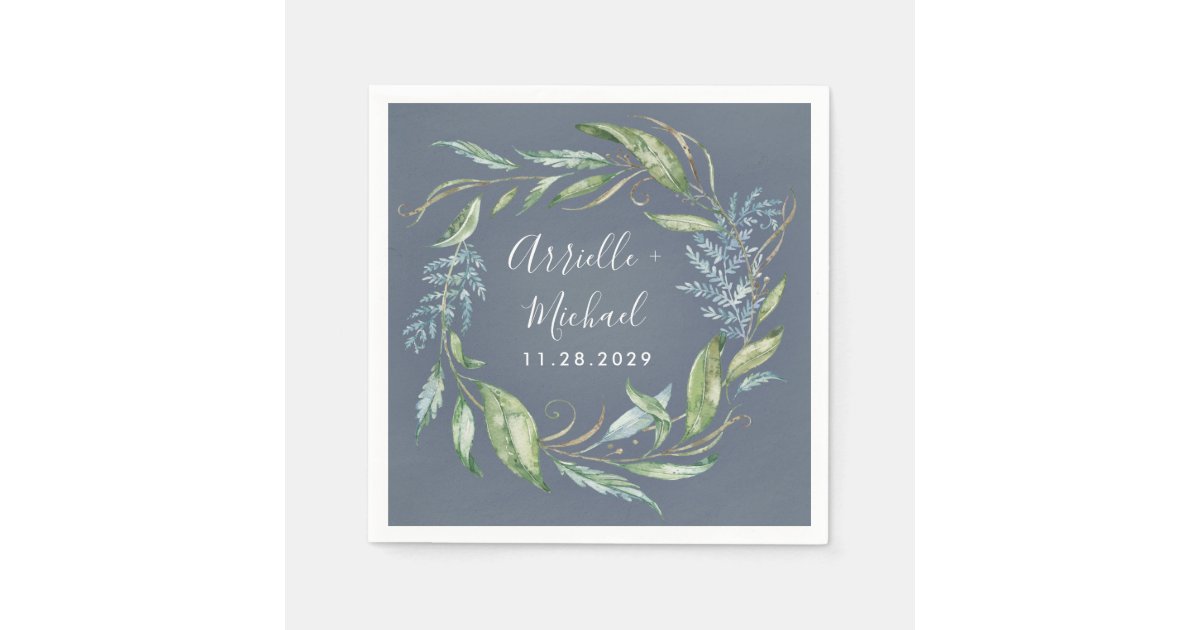 Blue Watercolor Eucalyptus Greenery Wreath Wedding Napkins