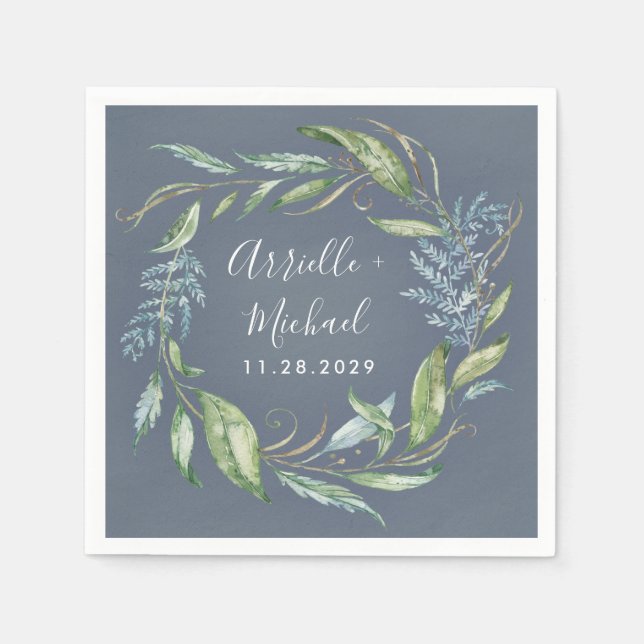 Blue Watercolor Eucalyptus Greenery Wreath Wedding Napkins (Front)