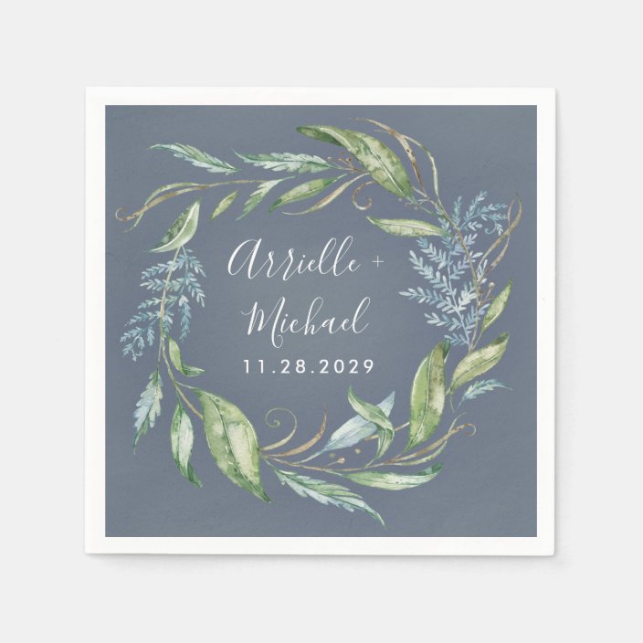 Blue Watercolor Eucalyptus Greenery Wreath Wedding Napkins