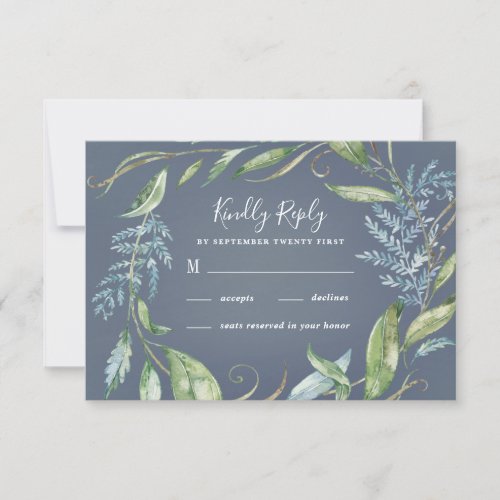 Blue Watercolor Eucalyptus Greenery Wreath Wedding RSVP Card