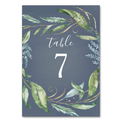 Blue Watercolor Eucalyptus Greenery Wreath Wedding Table Number