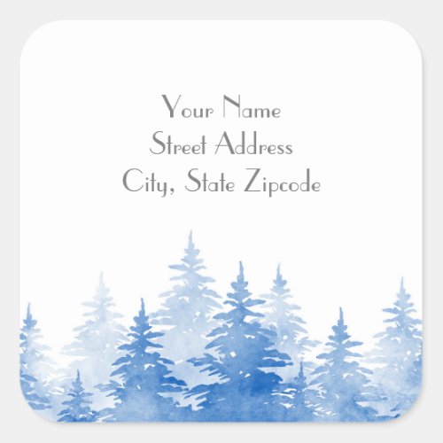 Blue Watercolor Evergreen Trees Label