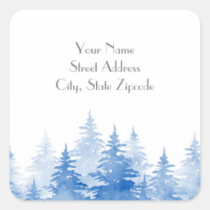 'Blue Watercolor Evergreen Trees' Label