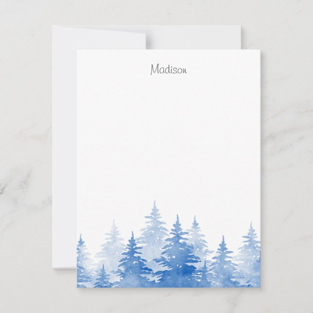  Blue Watercolor Evergreen Trees  Note Card (Front)