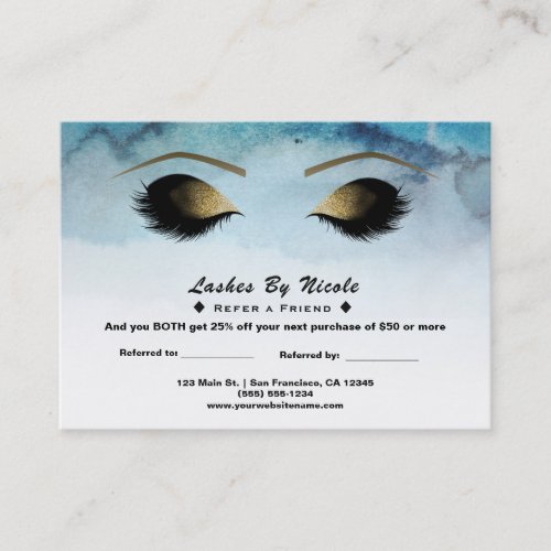 Blue Watercolor Eyelashes Refer Friend Aftercare Referral Card