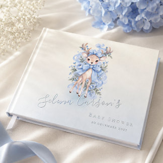 Blue Watercolor Fawn Baby Shower 3 Ring Binder Foil Guest Book
