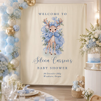 Blue Watercolor Fawn Baby Shower Backdrop
