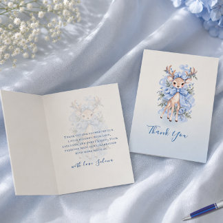 Blue Watercolor Fawn Baby Shower Thank You Card