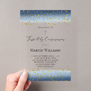 blue watercolor First Communion Acrylic Invitations
