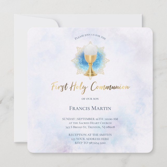 blue watercolor | first communion invitation (Front)
