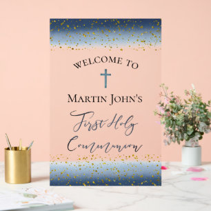 blue watercolor First Communion welcome Acrylic Sign