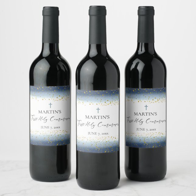 blue watercolor  First Communion Wine Label (Bottles)