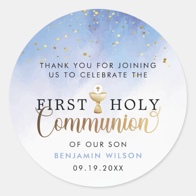 Blue Watercolor First Holy Communion Thank You Classic Round Sticker (Front)