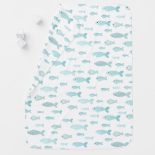 Blue Watercolor Fish Baby Boy Monogram Baby Blanket