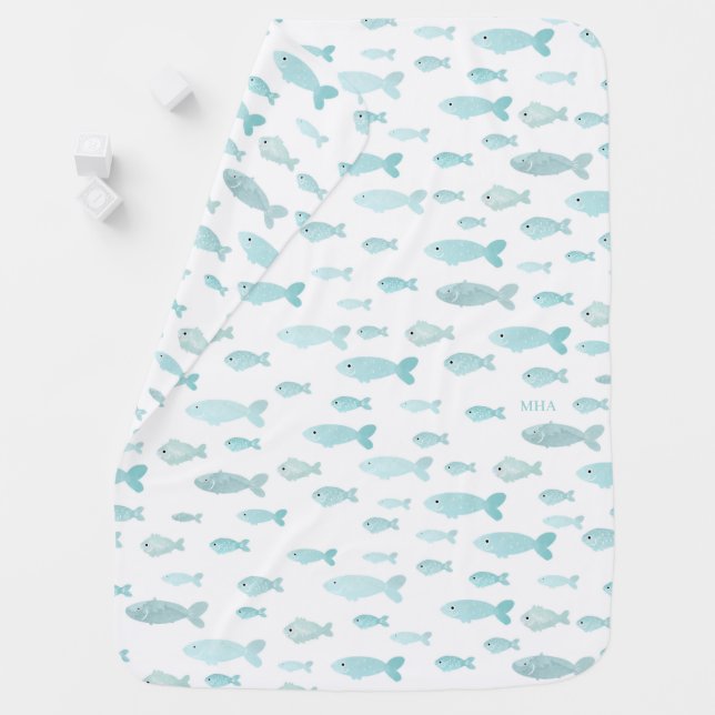 Blue Watercolor Fish Baby Boy Monogram Baby Blanket (In Situ)