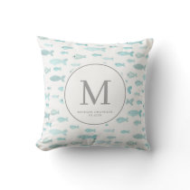 Blue Watercolor Fish Baby Boy Nursery Monogram Throw Pillow