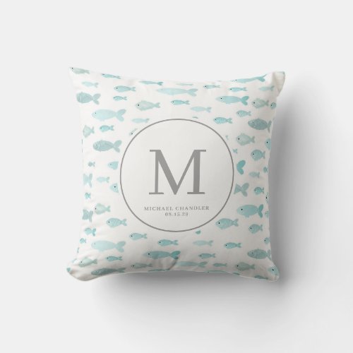 Blue Watercolor Fish Baby Boy Nursery Monogram Throw Pillow