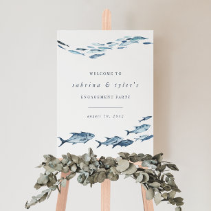 Blue Watercolor Fish Modern Coastal Welcome Sign