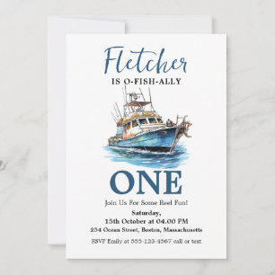 Blue Watercolor Fishing Vessel First Birthday Invitation